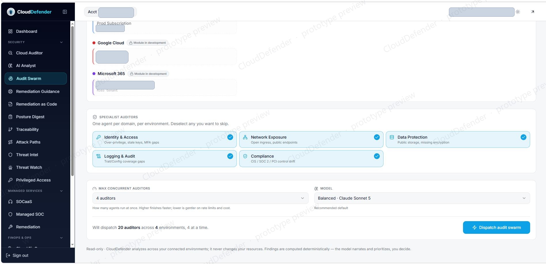 Audit Swarm configuration screen: provider and environment connectors with AWS live and Azure, Google Cloud, and Microsoft 365 shown as roadmap modules, the specialist auditor domains, a max-concurrency selector, and a model-profile picker.